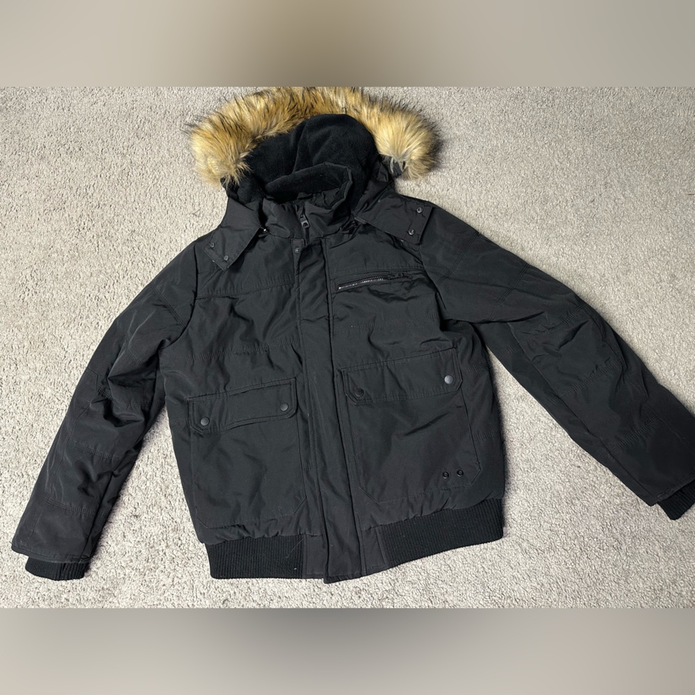 Guess Men's Black Jacket with Removable Faux Fur Hood